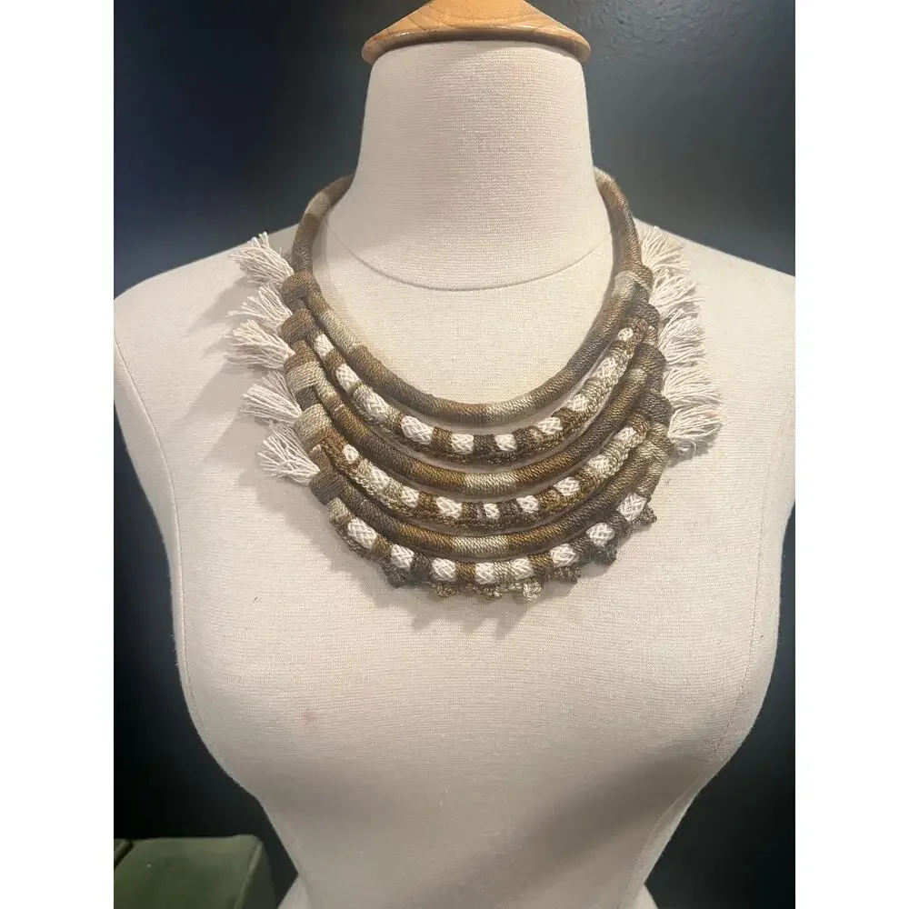Statement Necklace Layered Woven Rope Fringe Fiber Art Boho Bib Handmade